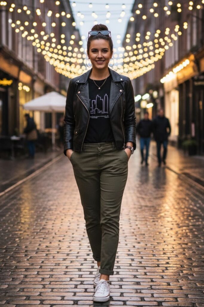 14. Leather Jacket with Graphic Tee and Slim Chinos
