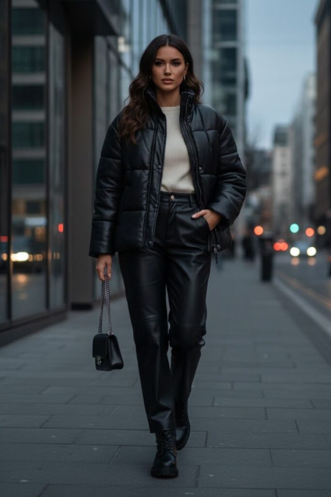 14. Leather Puffer Jacket Outfit with Leather Pants