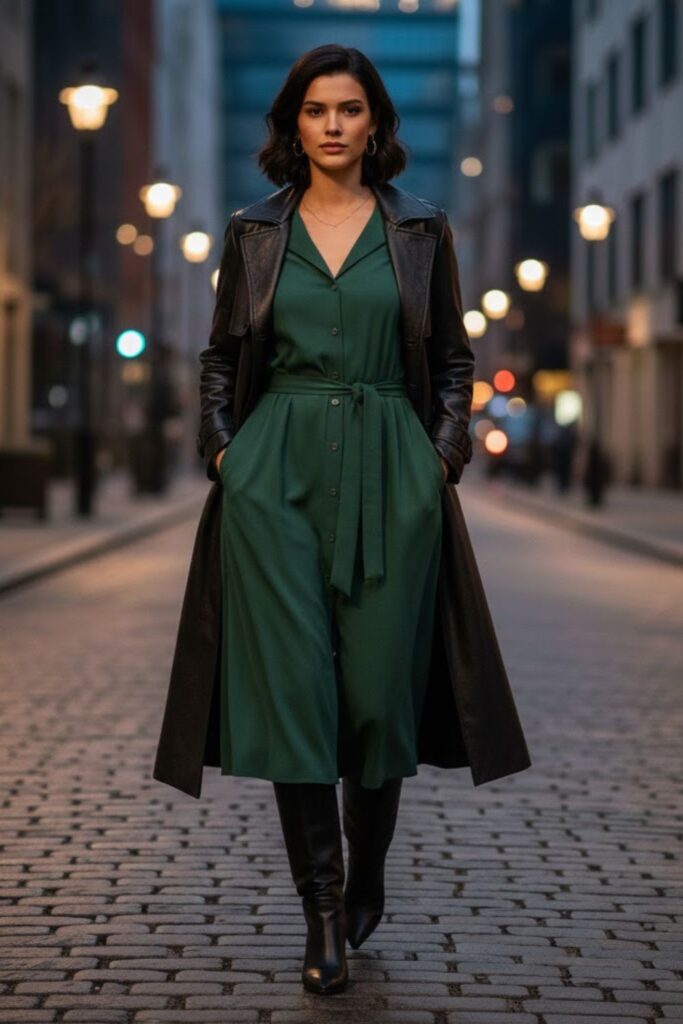 14. Long Leather Jacket with a Belted Dress