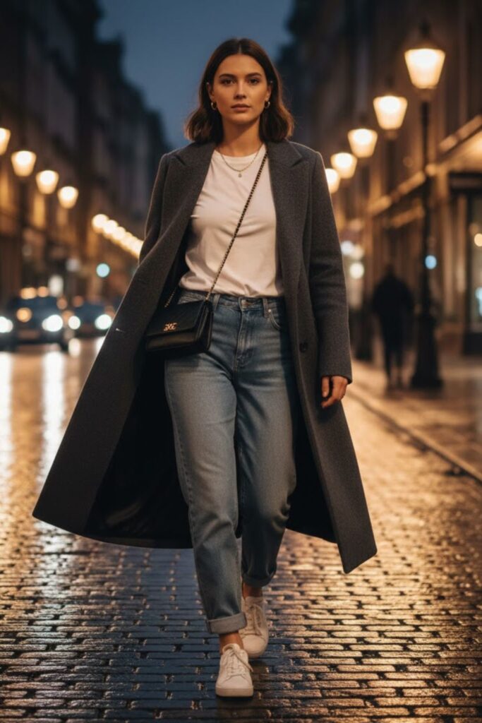 14. Long coat outfit casual with long-sleeve tee and relaxed jeans