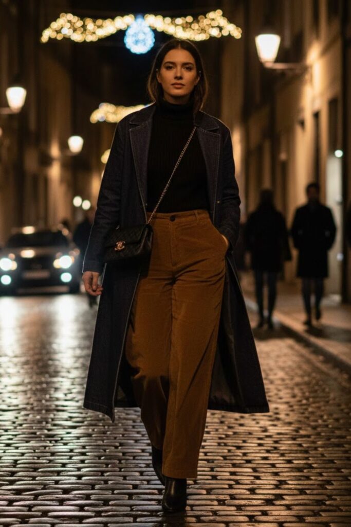 14. Long denim coat outfit with turtleneck and corduroy pants