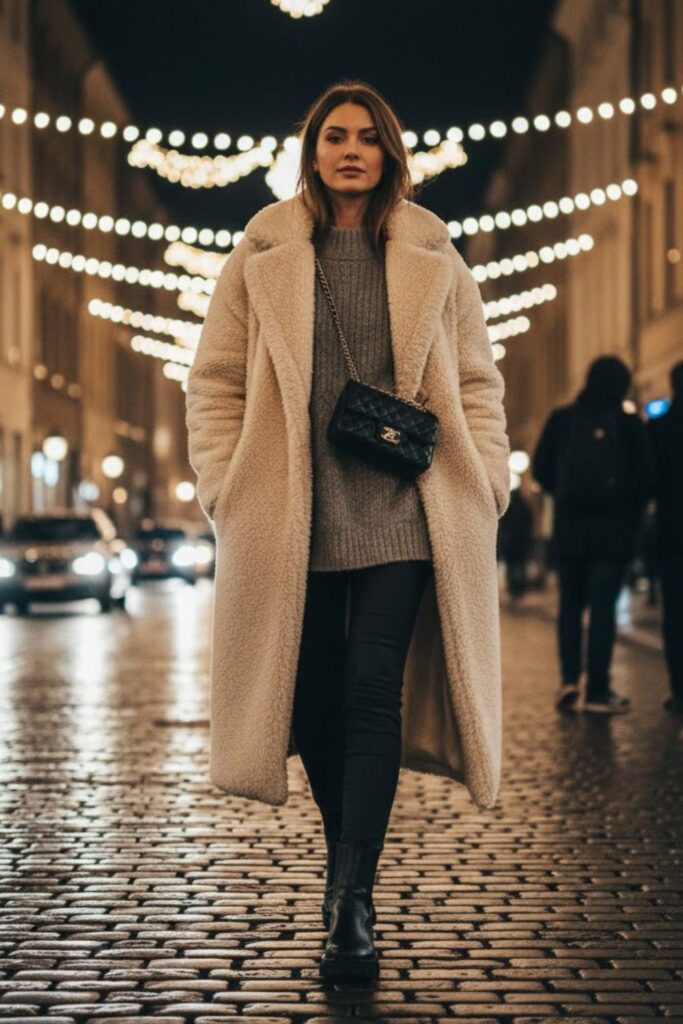 14. Long fluffy coat outfit with leggings and oversized sweater