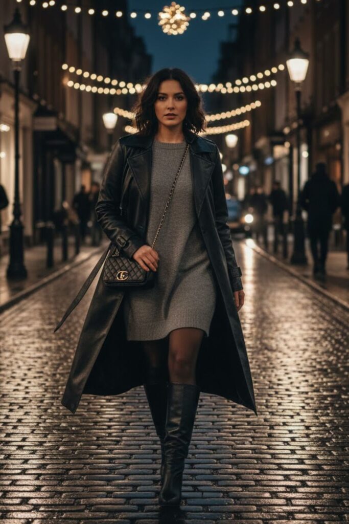 14. Long leather coat outfit with casual dress and boots