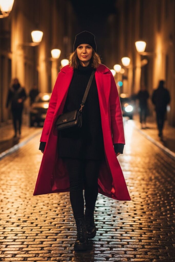 14. Pink long coat outfit with oversized sweater and leggings