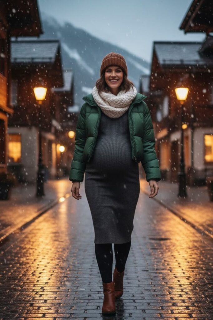 14. Puffer Jacket with Ribbed Maternity Dress