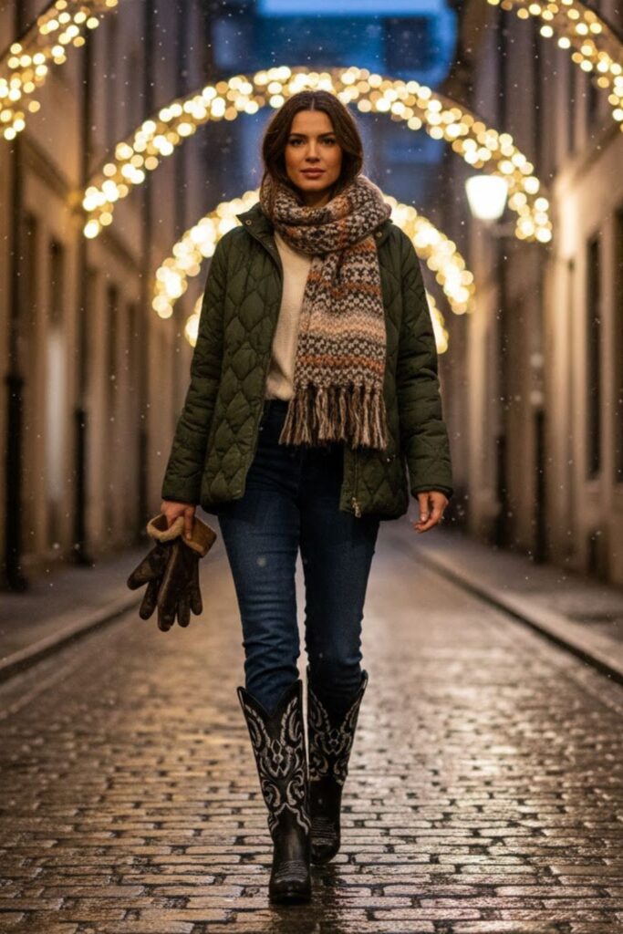 14. Quilted Jacket, Thermal Top, and Straight-Leg Jeans