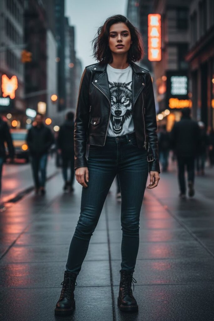 14. Short Leather Jacket with a Graphic Tee