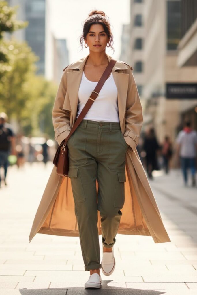 14. Spring Trench Coat with Basic Tank and Utility Pants