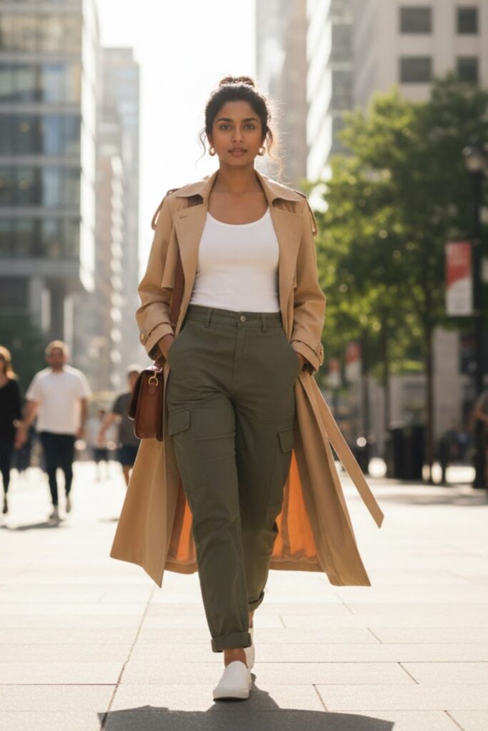 14. Tan Trench Coat with Utility Pants