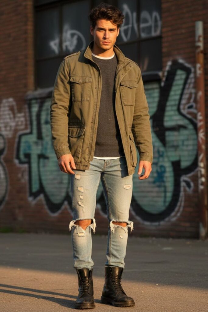 14. Vintage Leather Jacket with Crewneck and Ripped Jeans