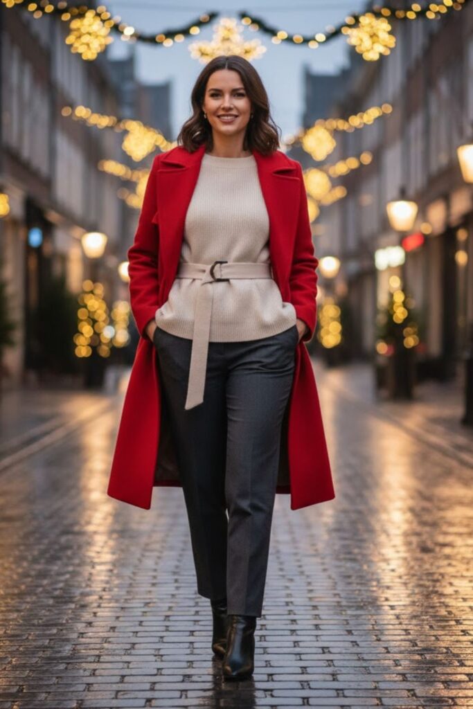 14. Winter Trench Coat with a Belted Knit Top