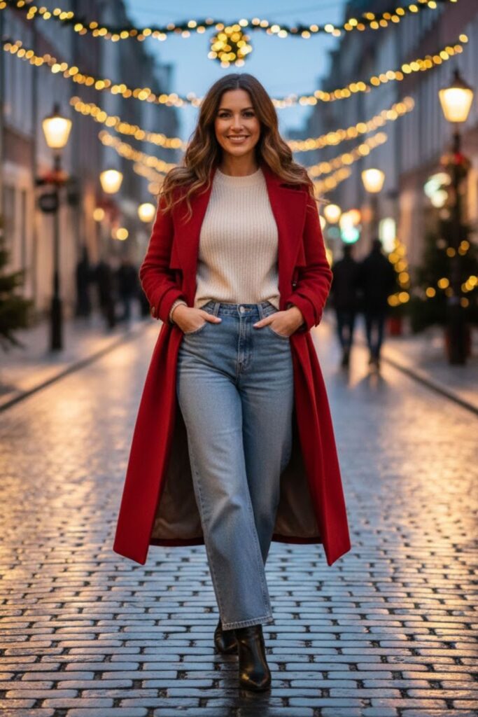 14. Wool Trench Coat with Wide-Leg Jeans and a Fitted Sweater