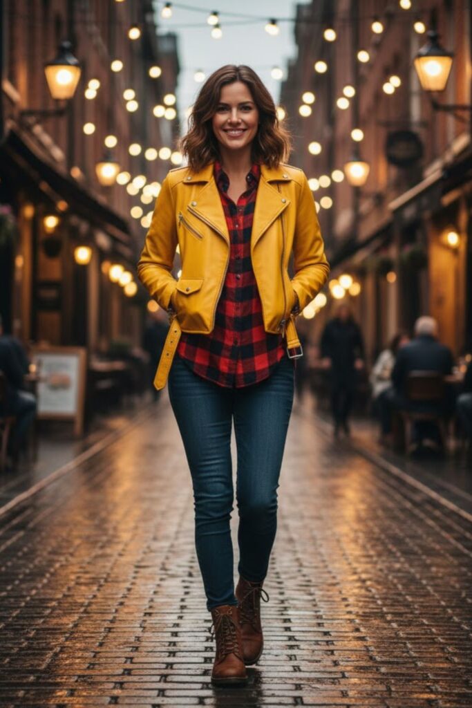 14. Yellow Leather Jacket with Plaid Shirt and Skinny Jeans