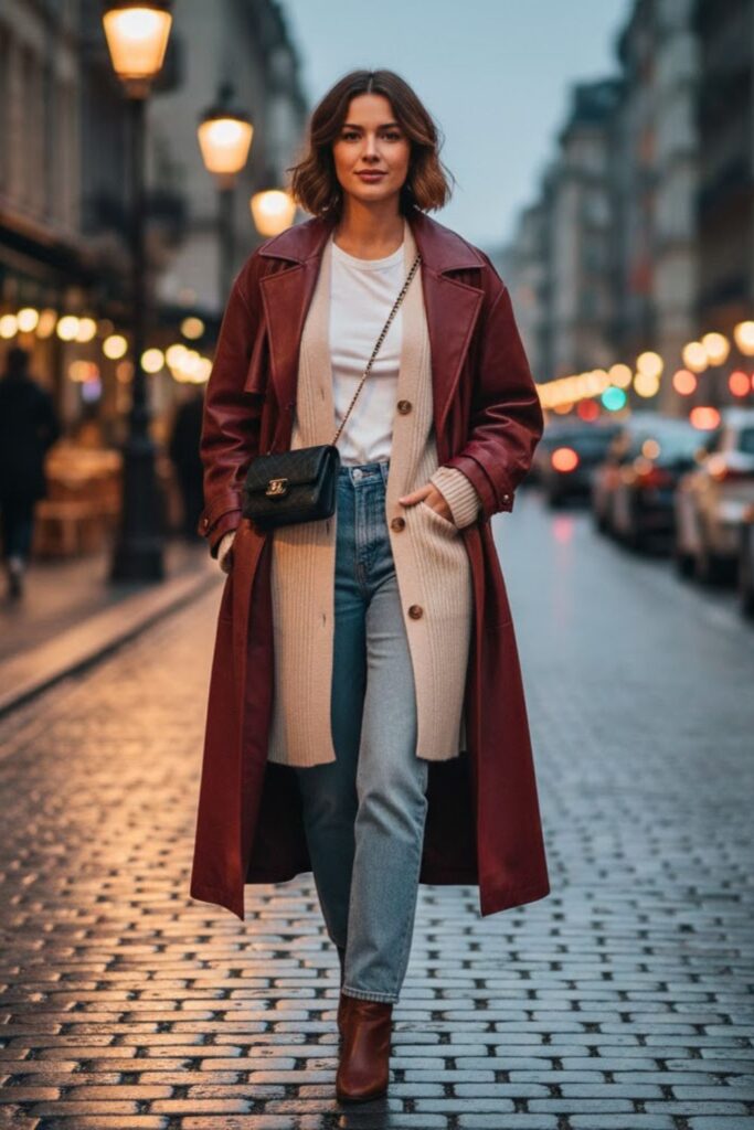 14. Zara Leather Jacket with a Longline Cardigan and Jeans