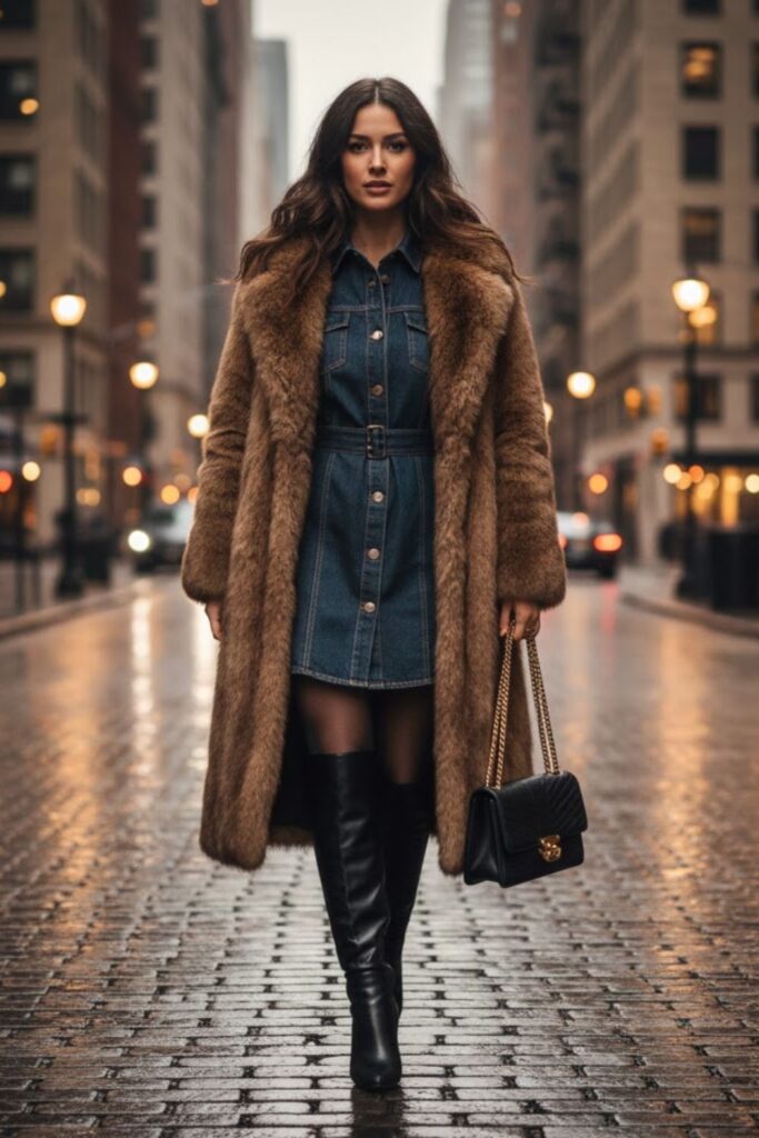 14. long fur coat outfit with denim dress and tights