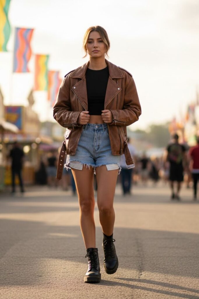 15. 90s Leather Jacket Outfit with High-Waisted Shorts