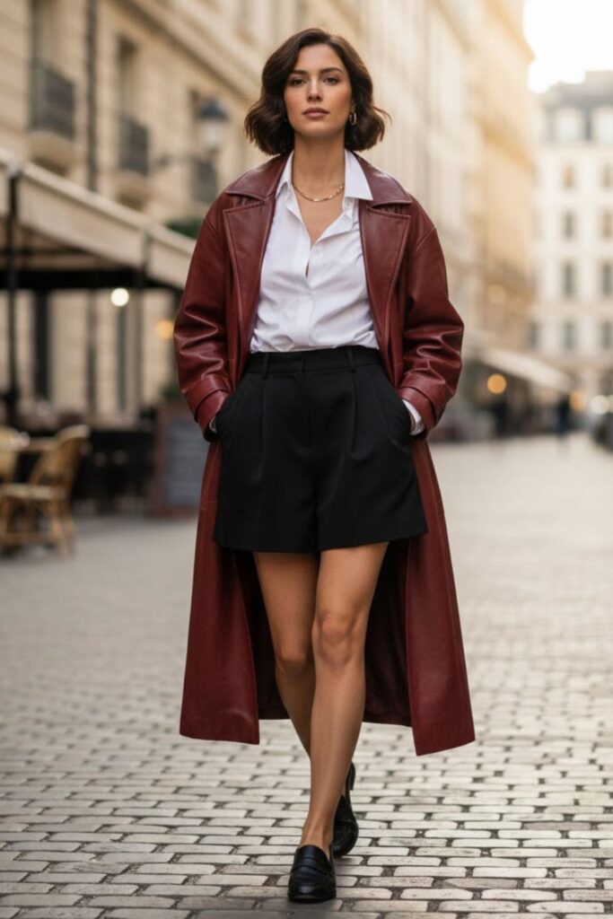 15. Baggy Leather Jacket with Button-Up Shirt and Tailored Shorts