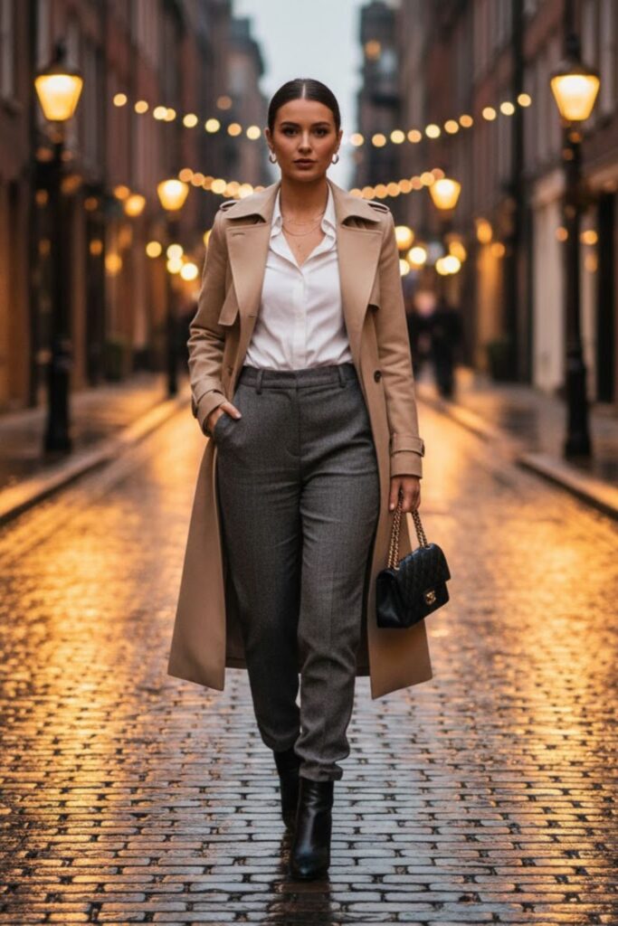 15. Beige Trench Coat With Wool Pants and Button-Up Shirt