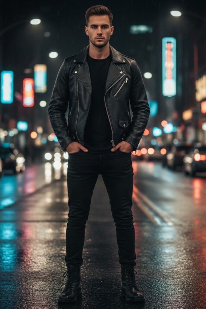15. Black Leather Jacket Outfit Men with All-Black Layering