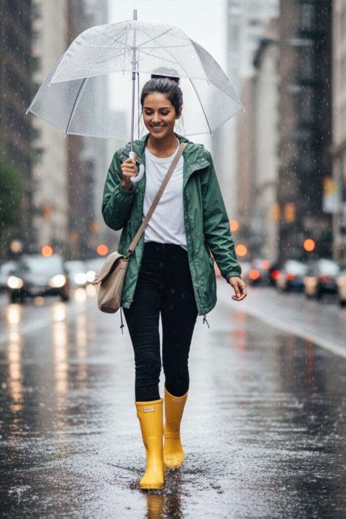15. Black Leggings with Rain Boots and Lightweight Jacket