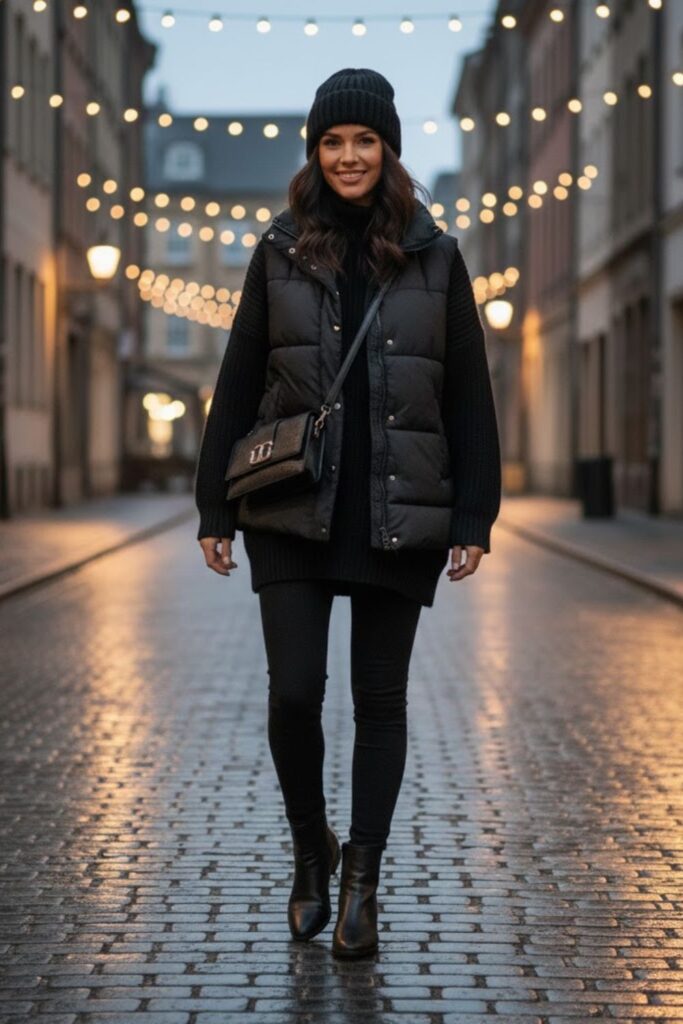 15. Black Puffer Vest with Black Sweater and Leggings