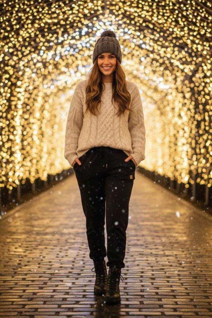 15. Black Sweatpants with Sweater and Beanie