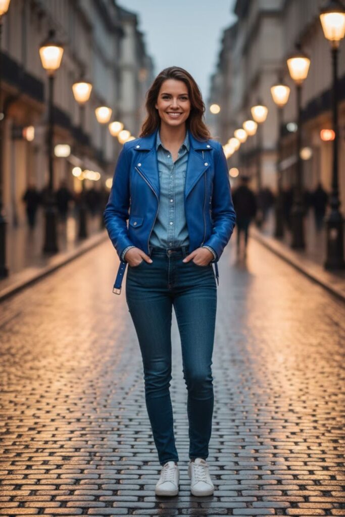 15. Blue Leather Jacket Outfit with All-Blue Layering
