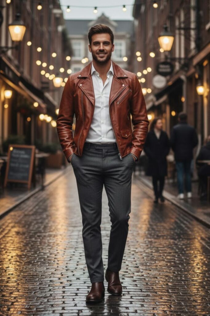 15. Brown Leather Jacket with Tailored Trousers