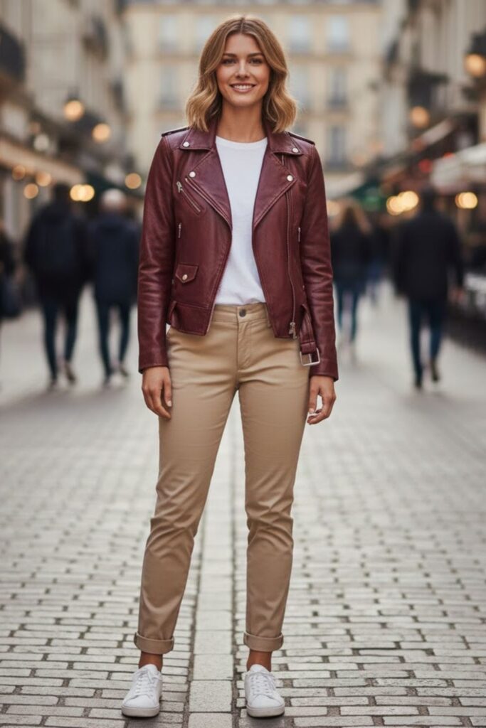 15. Burgundy Leather Jacket Outfit with All-Neutral Layering