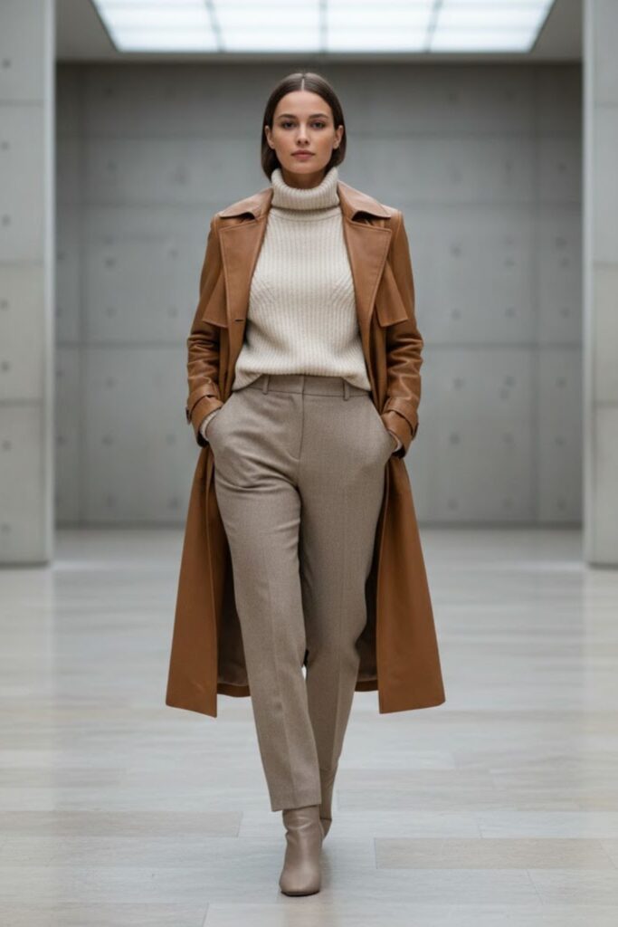 15. Camel Leather Jacket Outfit with Monochrome Neutrals