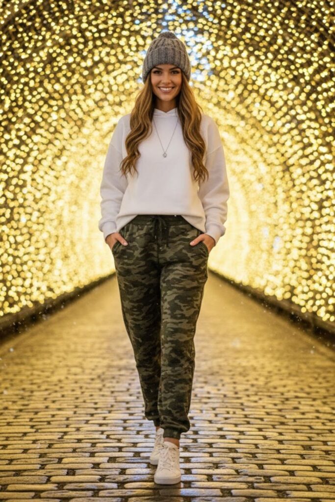 15. Camo Sweatpants with White Hoodie and Beanie
