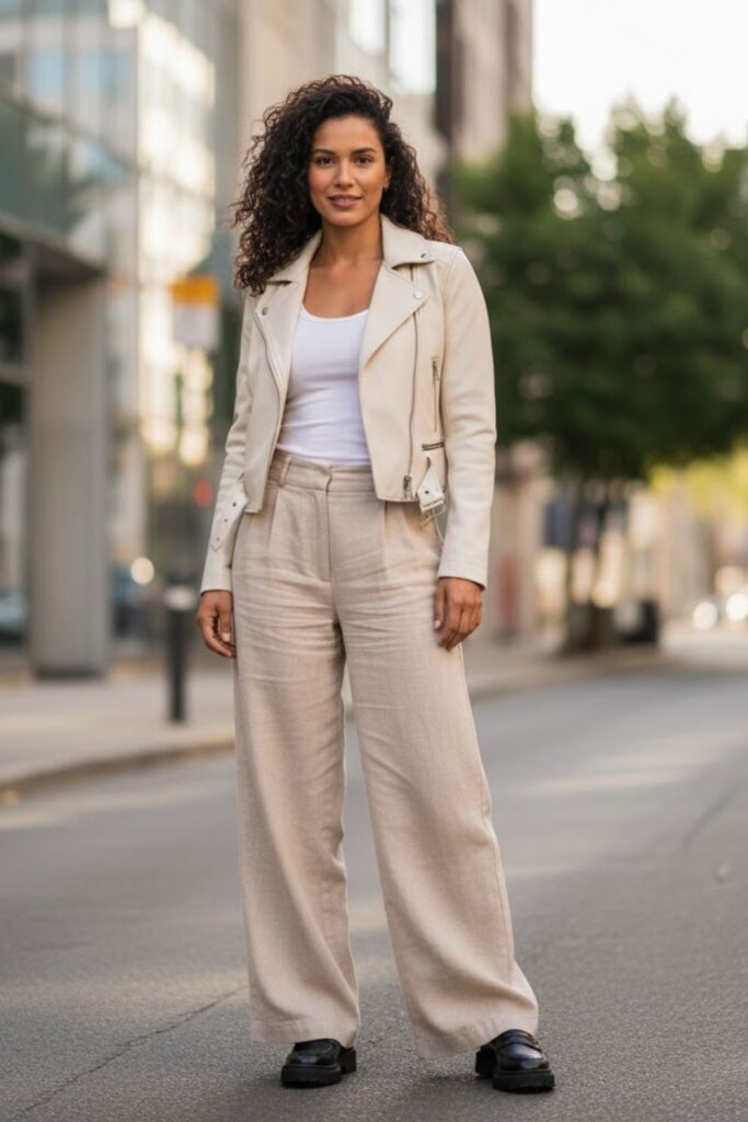 15. Cream Leather Jacket Outfit with Wide-Leg Pants