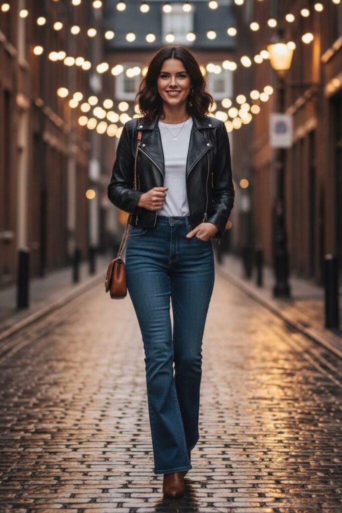 15. Cropped Leather Jacket with Flared Jeans