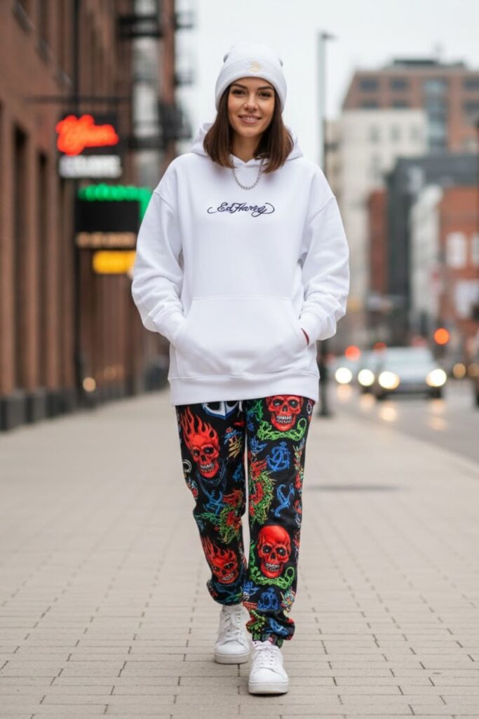 15. Ed Hardy Sweatpants with White Hoodie and Beanie