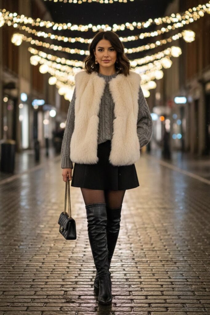 15. Faux Fur Vest With Sweater And Skirt