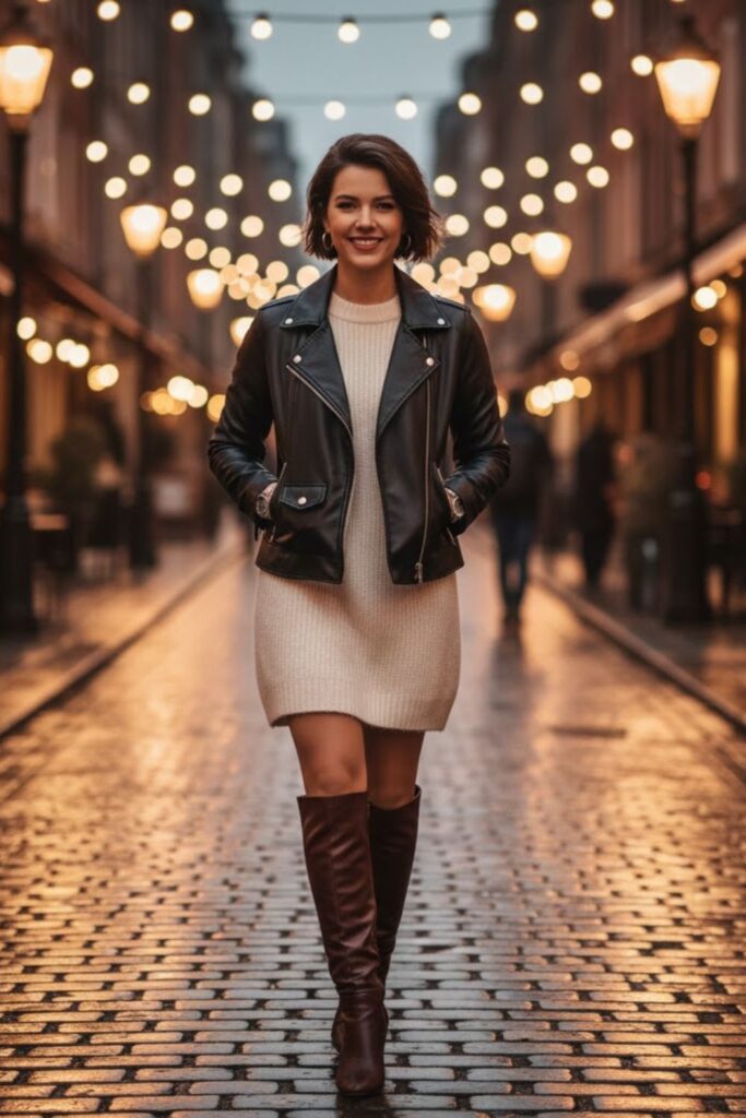 15. Faux Leather Jacket with Sweater Dress and Knee-High Boots