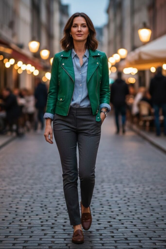 15. Green Leather Jacket with Casual Button-Up Shirt and Slim Pants