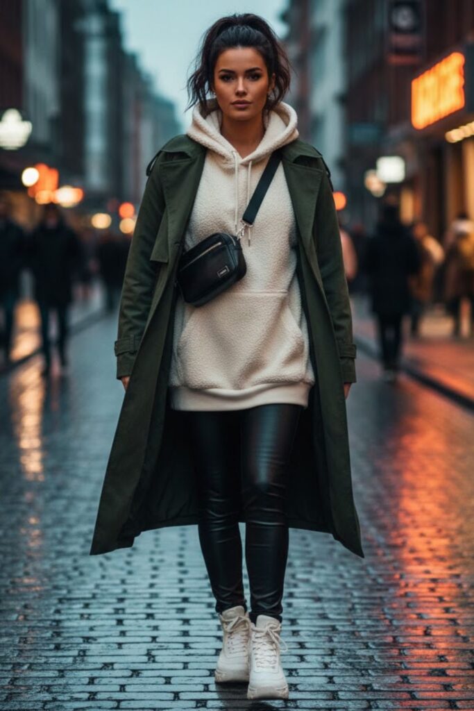15. Green Trench Coat With Hoodie and Winter Sneakers