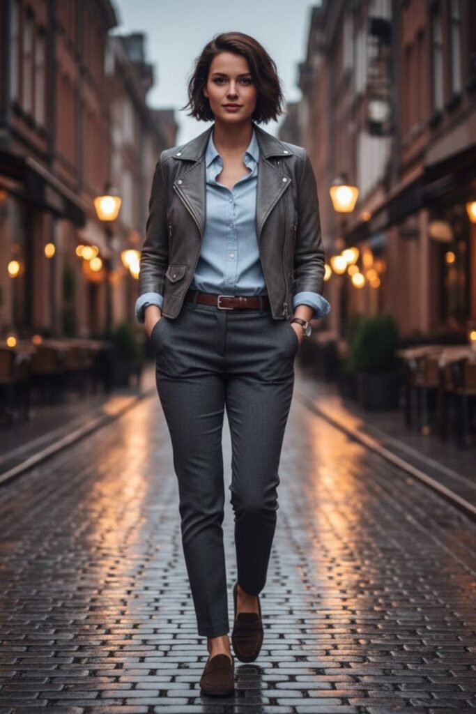 15. Grey Leather Jacket with Casual Button-Up Shirt and Slim Pants