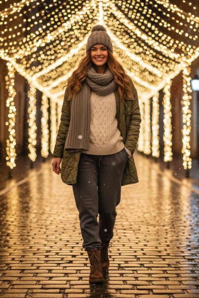 15. Grey Sweatpants with Mixed Textures and Boots