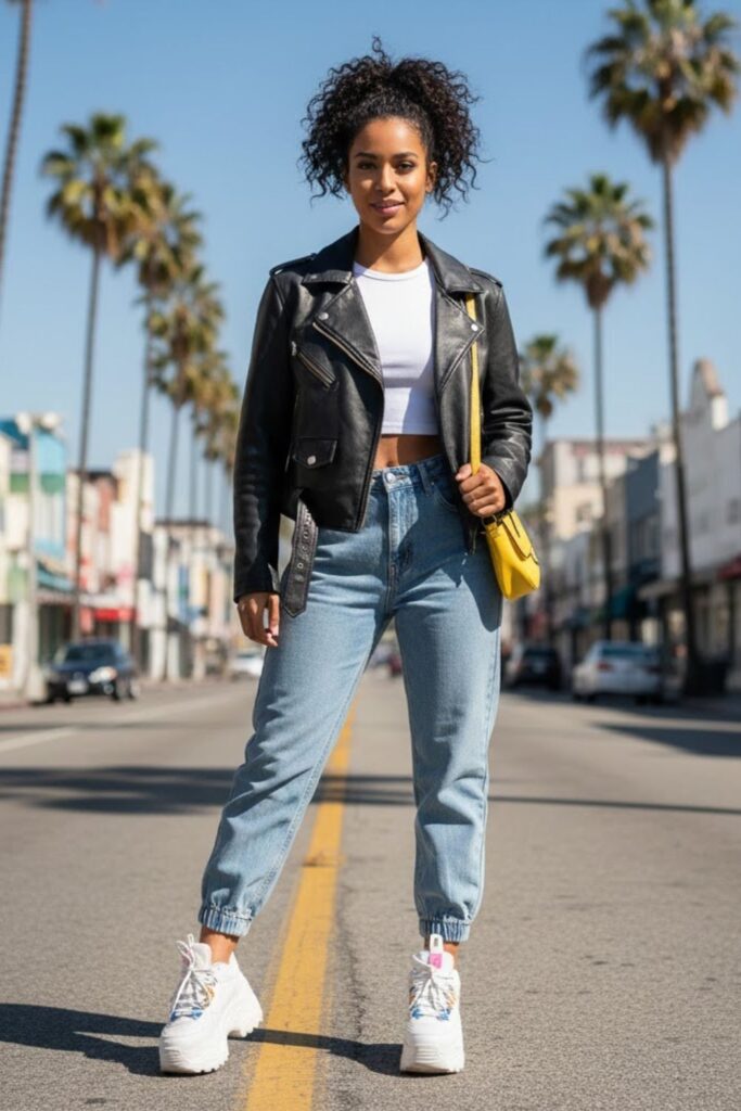 15. Leather Jacket and Chunky Sneakers