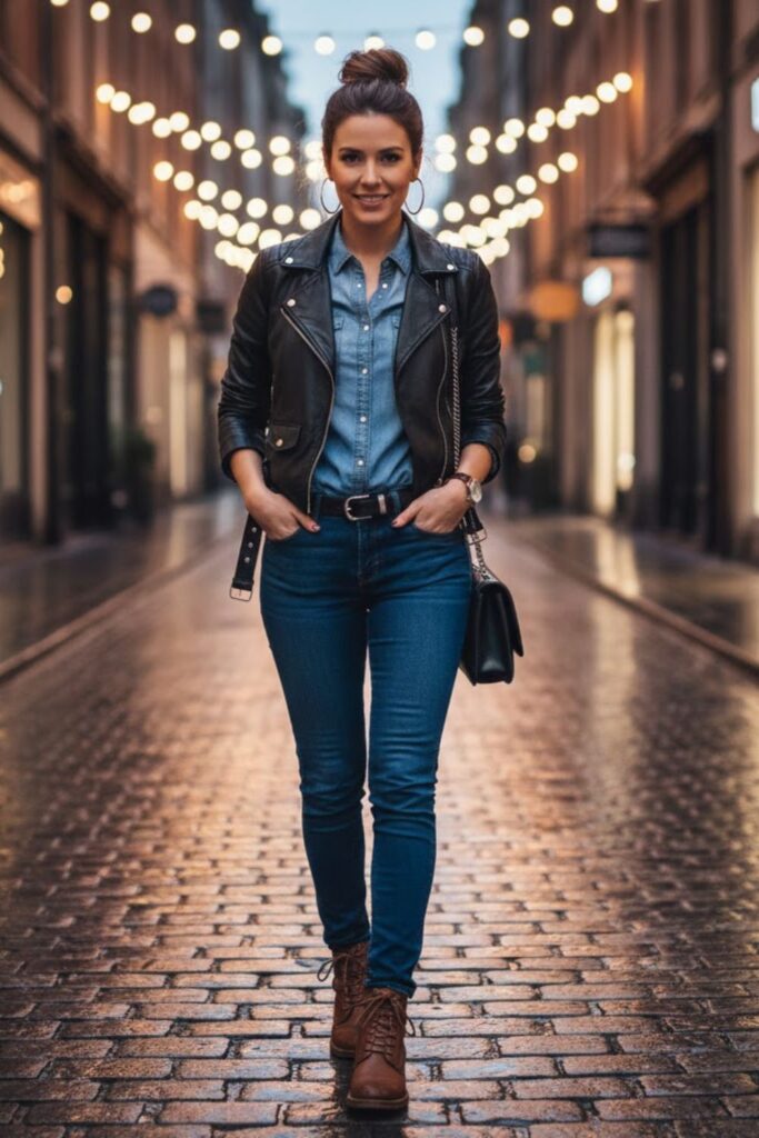 15. Leather Jacket with Denim-on-Denim Look