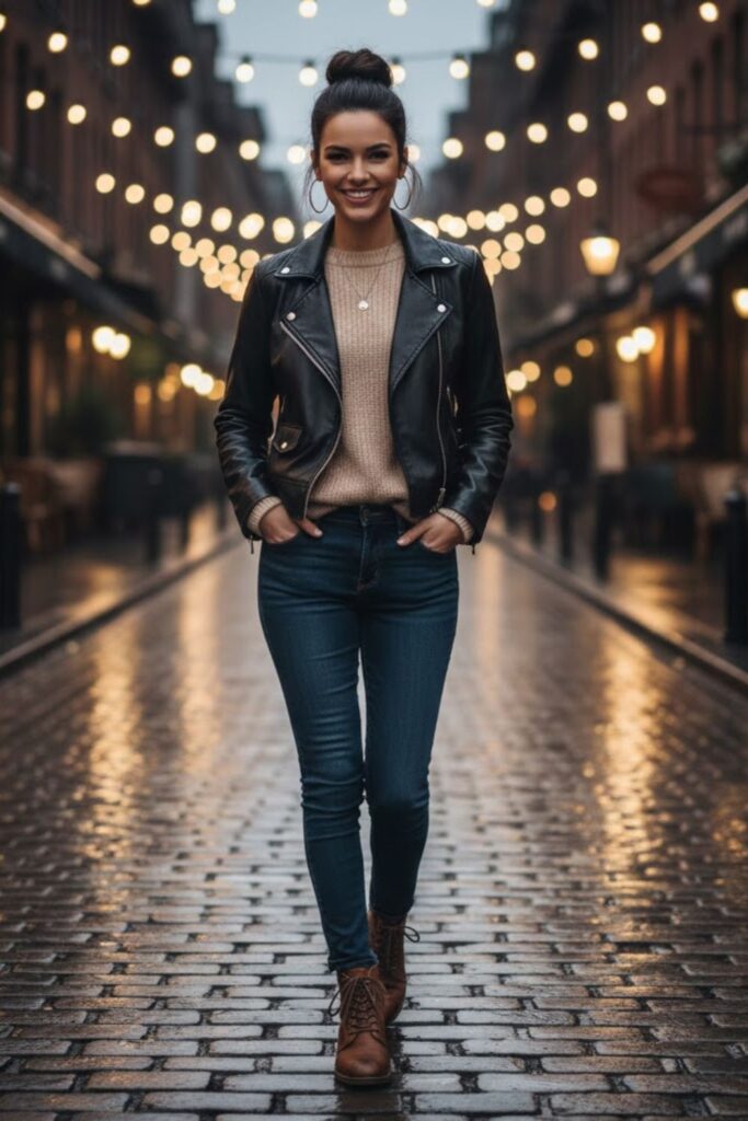 15. Leather Jacket with Layered Sweater and Dark Jeans