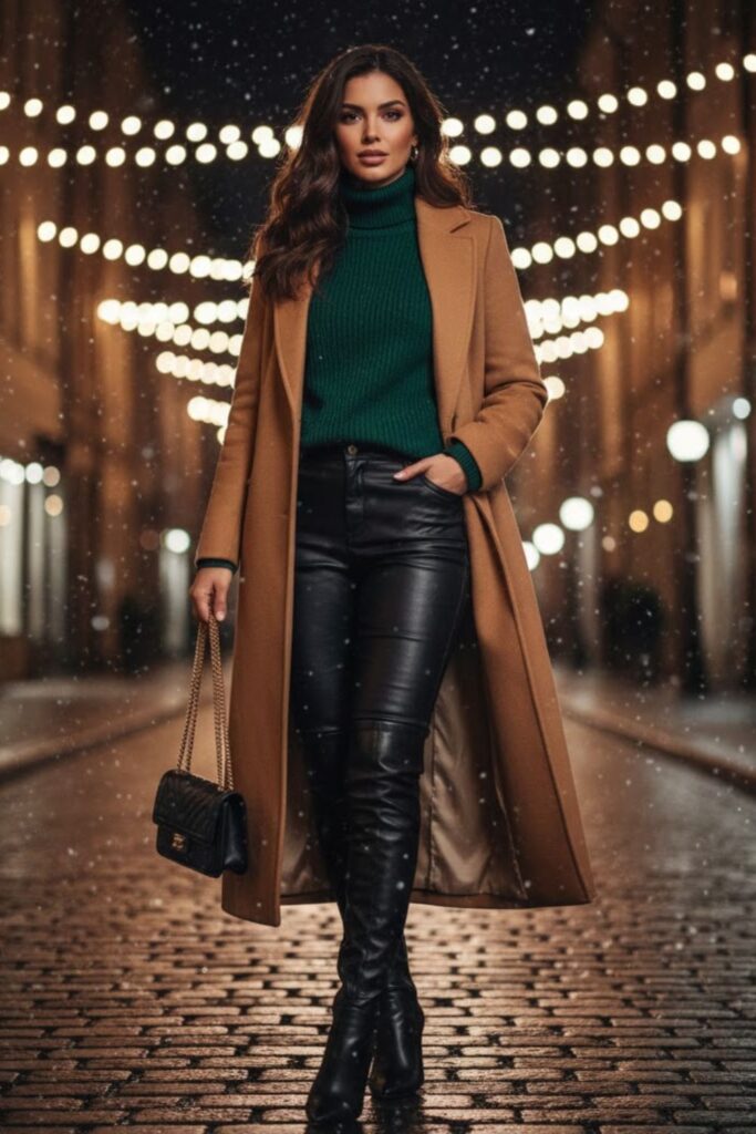 15. Leather Pants Outfit Going Out Winter with Knee-High Boots