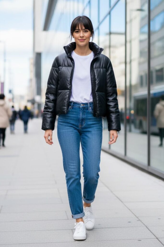 15. Leather Puffer Jacket Outfit with Basic White Tee