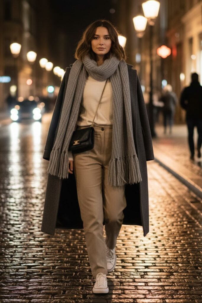15. Long coat outfit casual with scarf and neutral layers
