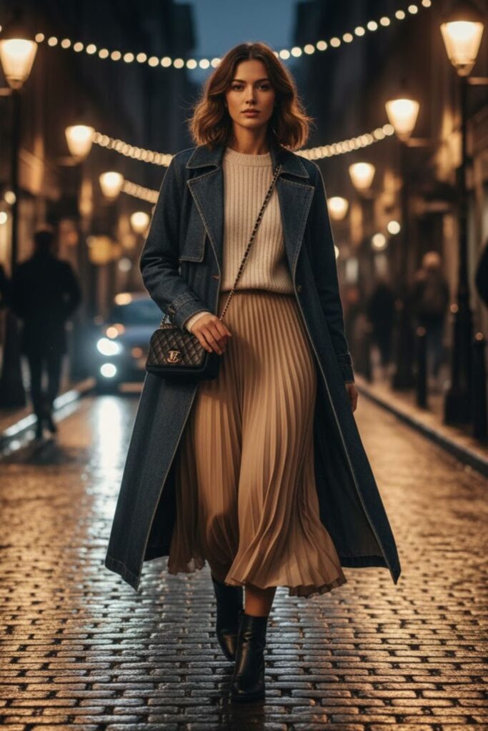 15. Long denim coat outfit with neutral sweater and maxi skirt