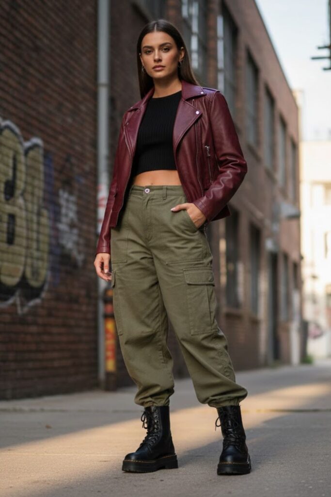 15. Maroon Leather Jacket with Cargo Pants