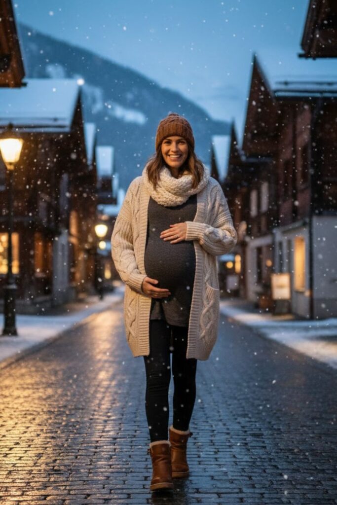 15. Oversized Maternity Cardigan with Base Layers