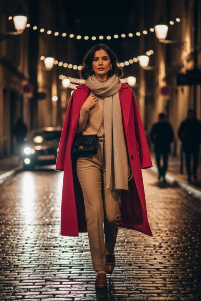 15. Pink long coat outfit with scarf and monochrome neutrals